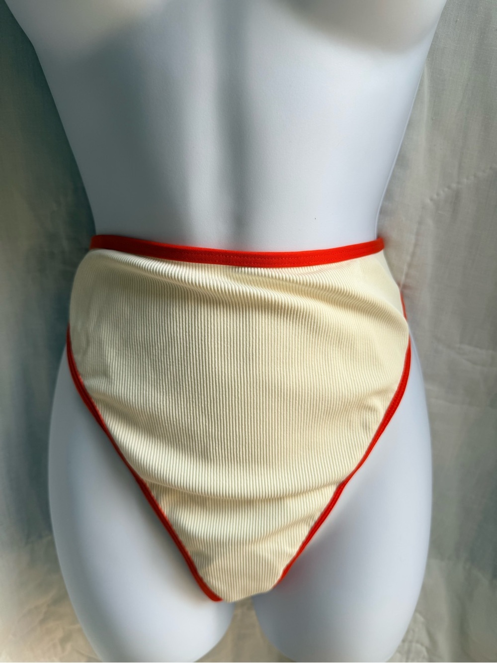 l*space Cream Ribbed High-Cut Bikini Bottom with Red Trim